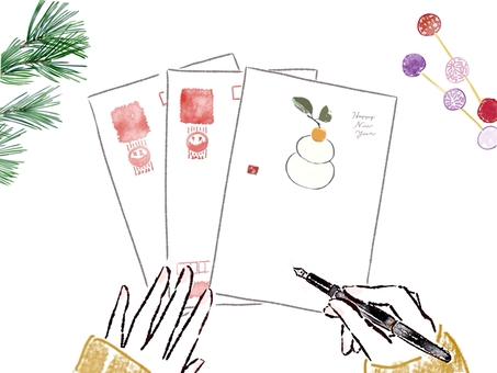 年賀状　書く　葉書　ペン　手　鏡餅　 年賀状,書く,正月,手,ハガキ,葉書,寒中見舞い,年末,年始,年越しのイラスト素材