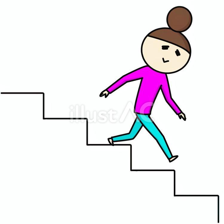 笑顔で階段をおりるおだんごの女性 階段,笑顔,下るのイラスト素材
