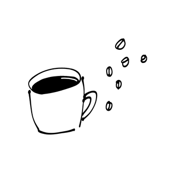 コーヒーカップとコーヒー豆 白黒 コーヒー,コーヒーカップ,コーヒー豆,カフェ,喫茶店,カップ,マグカップ,豆,白黒,手描きのイラスト素材