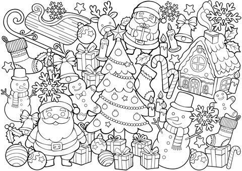 クリスマス3 ぬり絵,手書き,線画,白黒,塗り絵,ぬりえ,クリスマス,サンタクロース,トナカイ,ツリーのイラスト素材