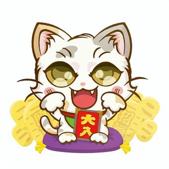 パステル三毛柄の招き猫 猫,デフォルメ,小判,座布団,大入のイラスト素材