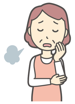  エプロンおばちゃん-033-バスト 悩む,おばちゃん,エプロン,お母さん,ママ,中年,おばさん,主婦,人物,かわいいのイラスト素材