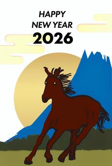 年賀状2026年午 年賀状,午年,2026年,馬年,挨拶,手紙,富士山,ベクター,草原,フリー素材のイラスト素材