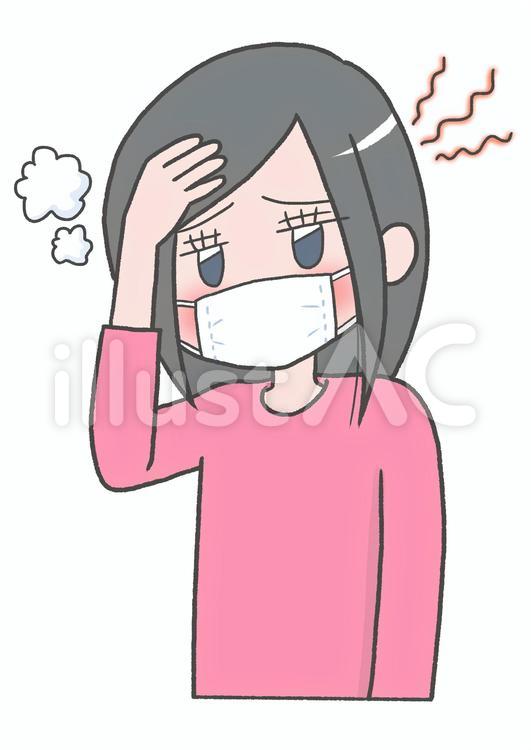 マスクをした体調不良の女性 マスク,頭痛,発熱のイラスト素材