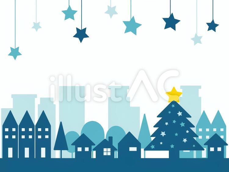 青い星とクリスマスな町並みのフレーム クリスマス,町並み,ツリーのイラスト素材