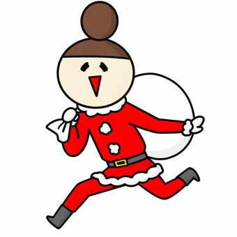 袋を持ったおだんごのサンタクロース 女性,サンタクローズ,サンタ,クリスマス,プレゼント,袋,笑顔,笑う,歩く,走るのイラスト素材