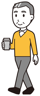  ニット中年男性(黄)-262-全身 コーヒー,おじさん,男性,中年,お父さん,パパ,シニア,ミドルエイジ,人物,かわいいのイラスト素材