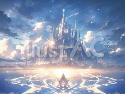 ファンタジー世界の輝く水辺に建つ城_背景