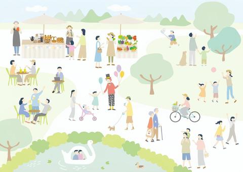 お出かけ　イベント　散歩　公園 人々,家族,夫婦,友達,親子,中高校生,子供,老人,男性,女性のイラスト素材