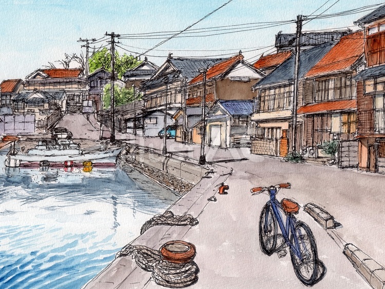 漁港の家並み 風景画,風景,水彩画のイラスト素材