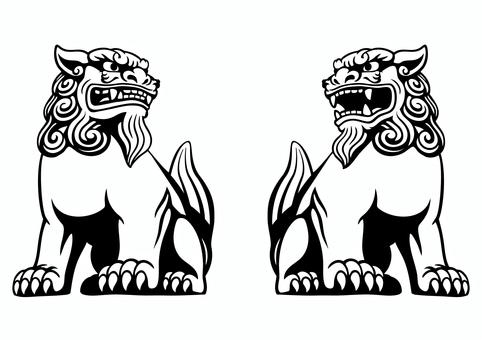 ツインシーサー リアル シーサー,沖縄,モノクロ,白黒,リアル,かっこいい,ペア,二体,置物,獅子のイラスト素材