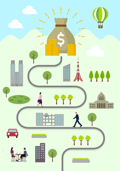 お金と人々の日常風景 縦長バナー 縦長,バナー,ビジネス,お金,億万長者,成功,経済,人々,生活,道のイラスト素材