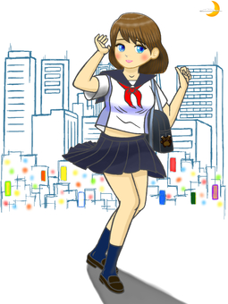 夜の街は怖いので早めに帰ろう！JKさん 女子高生,jk,女子,十代,制服,繁華街,夜道,一人,歩き,危険のイラスト素材