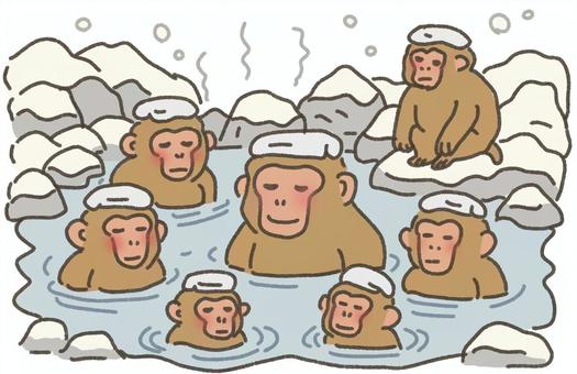 ニホンザルだらけの温泉 猿,ニホンザル,日本,動物,温泉,露天風呂,入浴,湯,湯気,湯けむりのイラスト素材