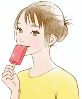 アイスを食べる女性ストロベリー アイス,食べる,女性,アイスクリーム,棒アイス,ストロベリー,スイーツ,人物,若い,かわいいのイラスト素材