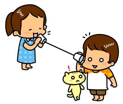 糸電話をする女の子たちとねこ 糸電話,実験,子供,女の子,理科,ネコのイラスト素材