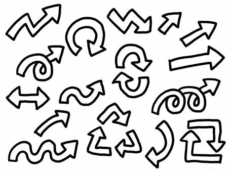手書き風の黒線の矢印のセット 矢印,黒,線画,縁取り,手書き風,セット,案内,標識,ベクトル,目印のイラスト素材