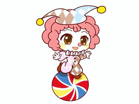 玉乗りをするピエロの女の子 玉乗り,ピエロ,女の子,道化師,萌え系,ちびキャラ,かわいい系のイラスト素材