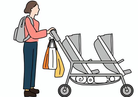 進行方向向き双子ベビーカーと荷物　カラー ベビーカー,双子,荷物,女性,リュック,カラーのイラスト素材