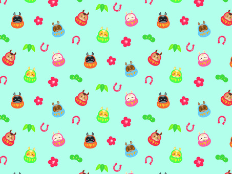 CMYK/午だるまパターンの壁紙 午,だるま,パターン,壁紙,ポップ,ベクター,蹄鉄,梅,竹,松のイラスト素材