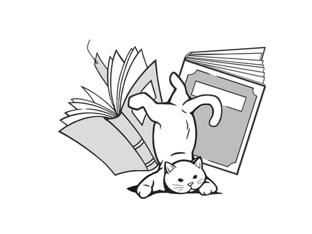 本と一緒に落っこちたドジな猫(ネコ) 猫,動物,三毛,あわてんぼう,ドジ,手描き,しっぽ,生き物,ペット,かわいいのイラスト素材