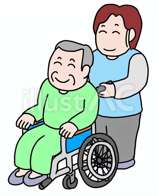 男性の乗った車椅子を押す女性 車椅子,介護士,高齢者のイラスト素材