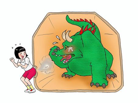 うぇ～ん、かんべんしてよぉ～ 人物,こども,女の子,体操着,笑顔,おなら,動物,怪獣,なみだ,全身のイラスト素材
