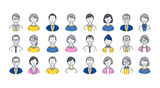 幅広い年代の人物アイコンセット02 人物,アイコン,顔,表情,男性,女性,若者,中年,高齢,社員のイラスト素材