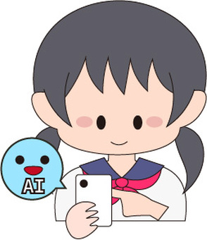 AIを使う女子学生 ai,チャット,スマホ,スマートフォン,使う,相談,操作,対話,女の子,おさげのイラスト素材