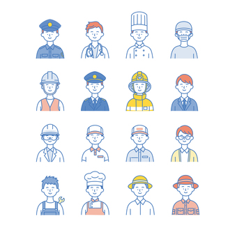 さまざまな職業の男性たちのアイコンセット 人物,アイコン,男性,職業,仕事,制服,警察官,パイロット,シェフ,建設のイラスト素材