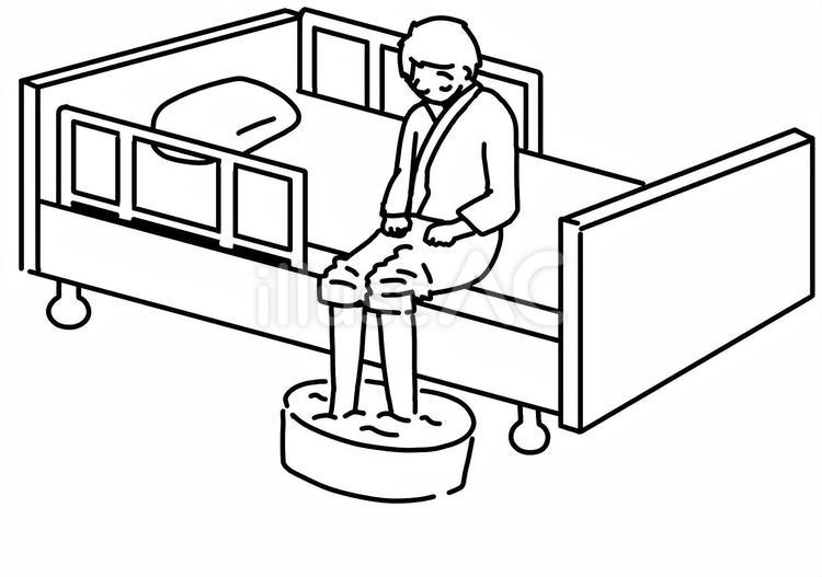 ベッド横で足浴をする男性　線画 ベッド,足浴,患者のイラスト素材