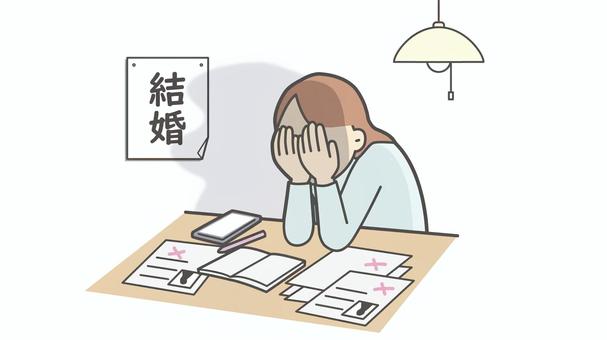  婚活03-婚活疲れ女性_横長 婚活,女性,お見合い,婚活疲れ,悩む,落ち込む,不安,ストレス,独身,心理のイラスト素材