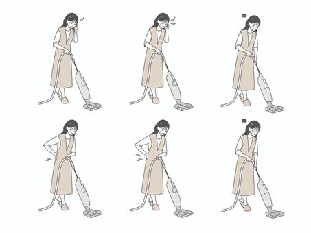 掃除機をかける女性セット｜不調 女性,シンプル,かわいい,ベクター,おしゃれ,掃除機,家事,掃除,主婦,家事負担のイラスト素材