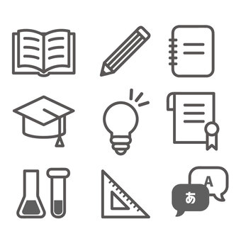 勉強関連アイコンセット　モノクロ 勉強,教育,学習,学問,鉛筆,ノート,教科書,本,読書,帽子のイラスト素材