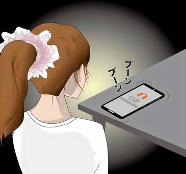 着信後ろ姿　 着信,バイブ,若い,女性,後ろ姿,不安,受信,スマホ,携帯電話,暗いのイラスト素材