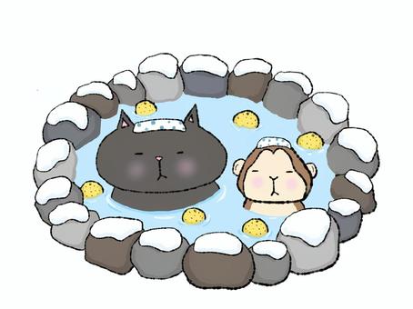 雪見風呂withサルさん（黒猫） 温泉,露天風呂,冬,雪景色,天然,柚子,お風呂,入浴,旅行,旅館のイラスト素材