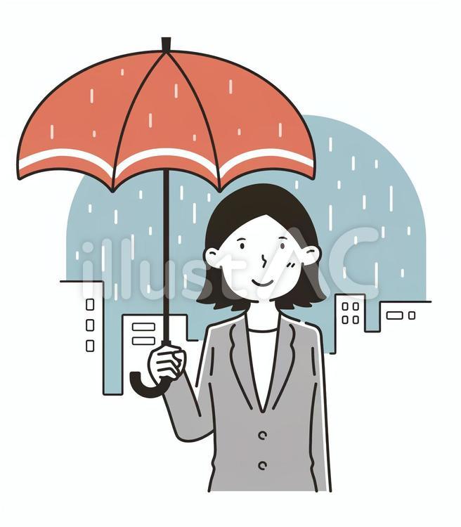 雨が降る中を笑顔で歩くスーツの女性 雨,梅雨,女性のイラスト素材