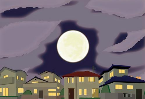 夜住宅地　 夜,満月,住宅地,民家,町中,建物,屋根,窓,風景,リアルのイラスト素材