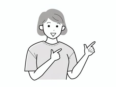 両手で指差しアピールの女性／白黒 上半身,半袖,両手,指差し,アピール,女性,お母さん,ママ,学生,社会人のイラスト素材