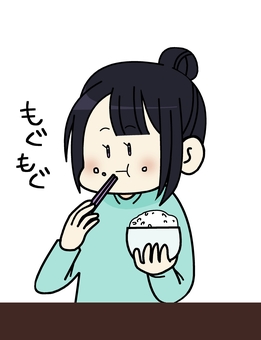 ご飯を頬張る女性 人物,食べ物,お米,ご飯,頬張る,夕飯,箸,茶碗,文字,噛むのイラスト素材