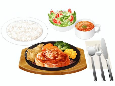 チキンステーキセット1 ステーキセット,チキンステーキ,ファミレス,料理,食べ物,ステーキ,オニオンスープ,サラダ,ライス,ポテトのイラスト素材