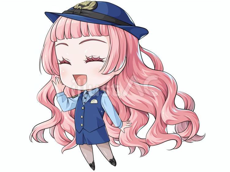 屈託なく笑うピンクの髪の警察官・夏服 警察官,警察,女の子のイラスト素材