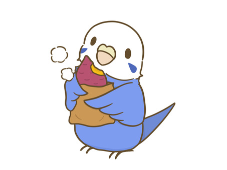焼き芋とセキセイ_青 セキセイインコ,焼き芋,インコ,さつまいも,食欲の秋,鳥,ペット,手描きのイラスト素材
