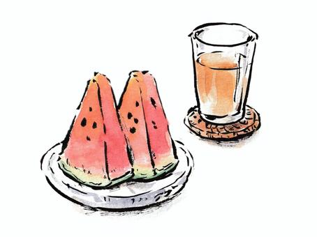 麦茶とスイカでほっと一息 スイカ,麦茶,食べ物,果物,夏,お皿,グラス,コースター,おやつ,毛筆のイラスト素材