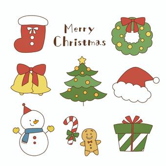 かわいいクリスマスセット クリスマス,冬,クリスマスツリー,サンタ帽子,クリスマスリース,靴下,雪だるま,プレゼント,ジンジャークッキー,キャンディケインのイラスト素材