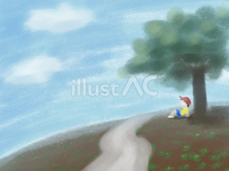 木陰で休む子供 簡単,ラフ絵,木のイラスト素材