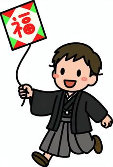 黒の羽織袴の男の子です。 男の子,羽織,袴,凧あげ,シンプル,和装,和服,成人式,卒業式,コスチュームのイラスト素材