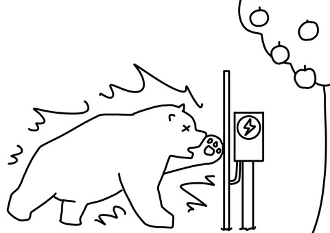 りんごと電気柵で感電する熊　線画 りんご,電気柵,熊,害獣,ビックリ,感電,線画のイラスト素材