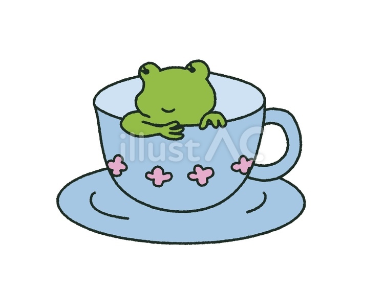 コーヒーカップの中から様子を見るかえる コーヒーカップ,入る,伺うのイラスト素材