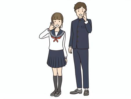 笑顔で呼びかけるセーラ服と学ランの男女 学生,呼ぶ,中学生,高校生,学生服,セーラー服,学ラン,制服,呼びかけ,笑顔のイラスト素材